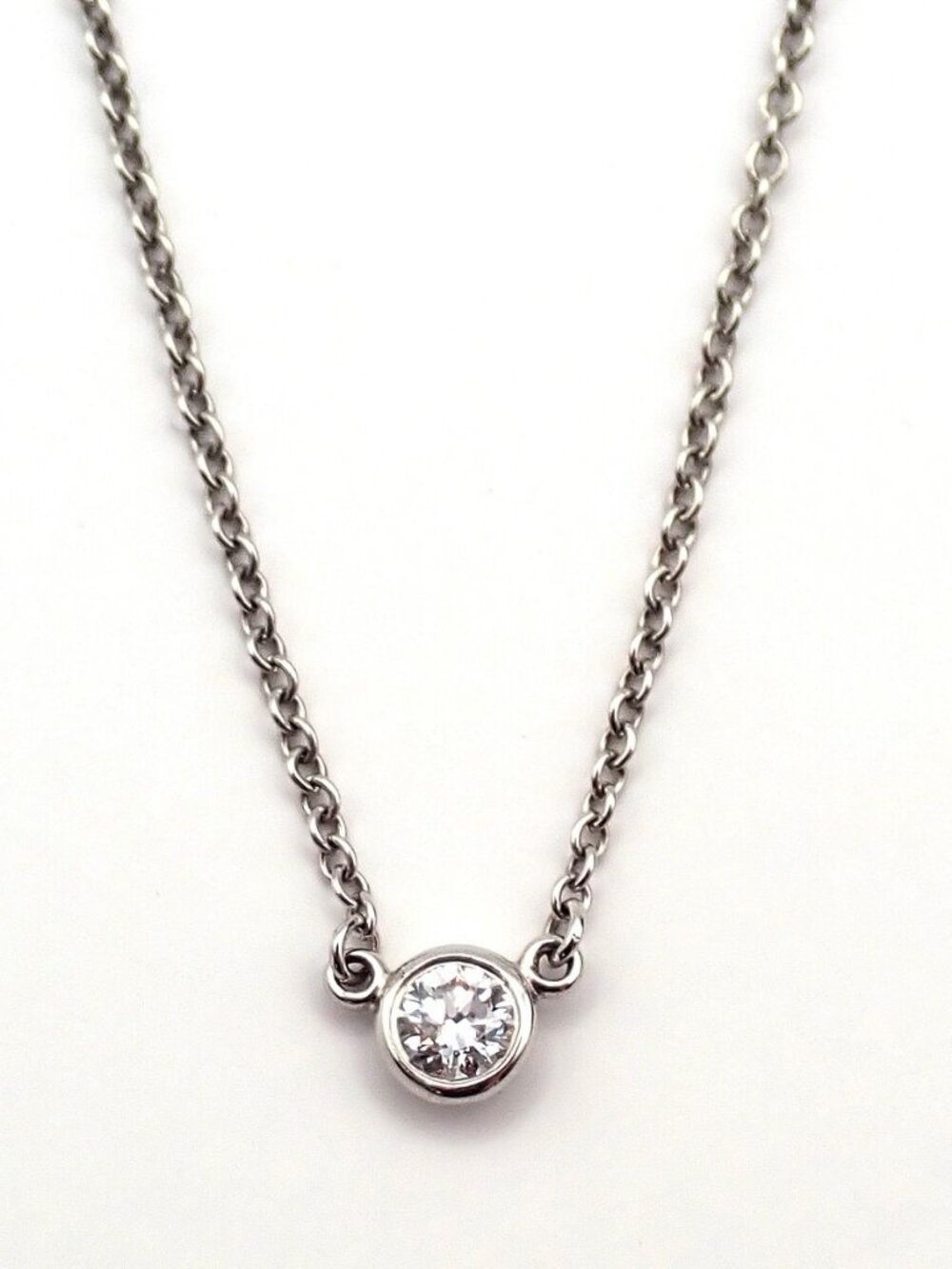 TIFFANY & CO. By The Yard Single Diamond Pendant Necklace Pt 950 Silver 10RK965